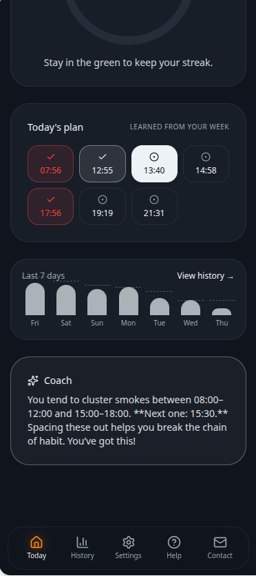Ember today's plan with time slots, last 7 days chart, and coach tip